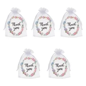 Pungi Cadou din Organza Albe cu Model Flori și Mesaj \"Thank You\"