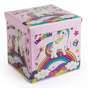 Cutie de depozitare tip taburet, 30x30x30 cm, roz, cu model unicorn