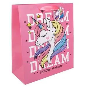 Sacos cadou din hartie roz cu unicorn 3D