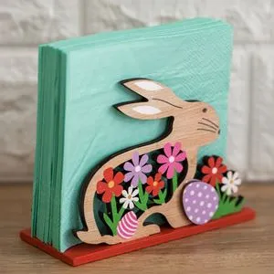 Suport servetele din lemn, formă iepuraș de Paște, bază roșie, 12x5x9cm
