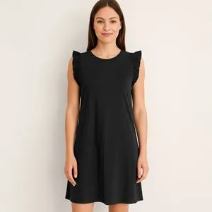 Rochie de vară neagră din bumbac cu volane la maneci
