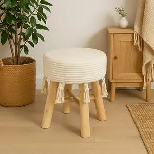 Taburet Decorativ din Lemn cu Macrame și Ciucuri – Stil Boho