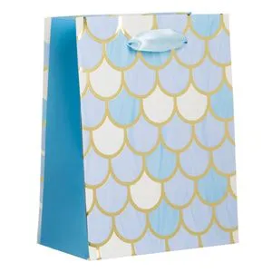 Sac de cadou din hartie bleu cu model sirena si detalii aurii