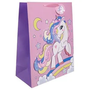 Sacoșă cadou din carton roz cu model 3D Unicorn, dimensiune 30x12x40cm
