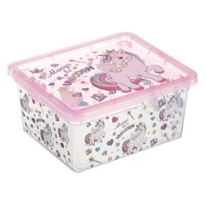 Cutie depozitare plastică transparentă capac roz unicorn 2.5L pentru copii