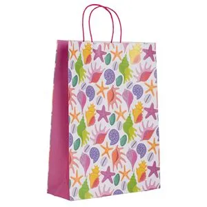 Sacosa cadou din hartie, Alba cu model vara, 32x11x42cm