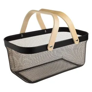 Coș metalic perforat cu mânere din lemn, 39,5x24x18,5 cm, Negru