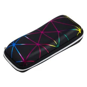 Husă rigidă pentru ochelari de soare, neagră, cu model linii colorate, fermoar