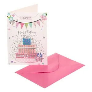 Felicitare Zi de Naștere cu Model Tort și Cadou, Folie Argintie, 7.5x10.5cm, cu Plic