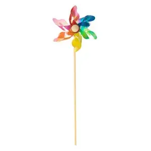 Moară de vânt decorativă mini, multicoloră, holografică, 27 cm, pe băț de lemn