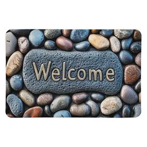 Covoras de intrare cu model de pietre si mesaj Welcome, 60x40 cm
