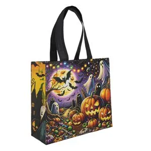 Sacosa din PP pentru Halloween, 22x10x21.5cm, Neagra cu Mov