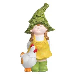 Figurină ceramică fetiță cu găinușă și găinușă pentru grădină