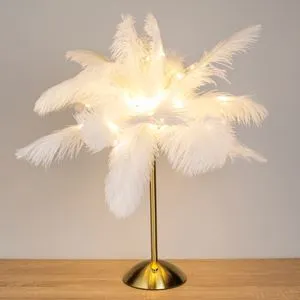 Veioză cu pene și bază aurie, 80 LED-uri, lumină caldă, reglabilă, USB, 29x33cm