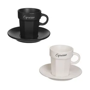 Set Cesti Cafea New Bone cu Farfurie, 2 Seturi, 90 ml, Antracit și Crem
