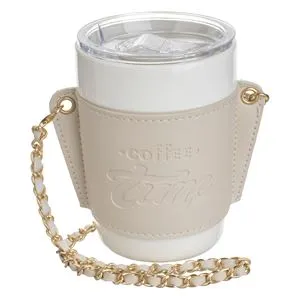 Pahar ceramic cu manson din piele artificiala si lant, 420 ml, Bej