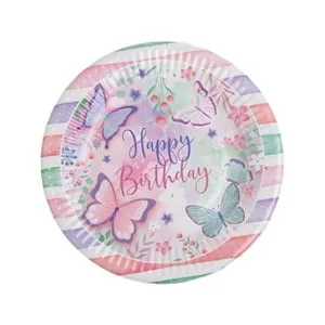 Farfurii de hartie pentru petrecere Happy Birthday Roz Verde Menta cu fluturi