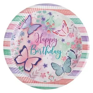 Farfurii de hartie pentru petrecere Happy Birthday cu fluturi Roz Verde Menta