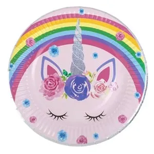 Farfurii de petrecere unicorn curcubeu cu detalii holografice 18cm