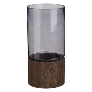 Vază decorativă din sticlă gri fumuriu cu bază din lemn, Ø12x25cm