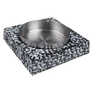 Scrumieră din ciment pătrată cu insert rotund metalic, 12.5x5 cm, neagră cu modele albe