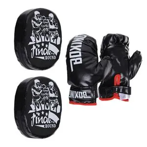 Set de Box cu Manusi si Perne de Antrenament, Negru, Eco-Piele