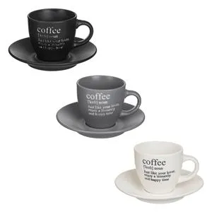 Set 3 Cesti de Cafea Ceramice cu Farfurii, 90 ml, Finisaj Mat, Gri, Negru si Crem