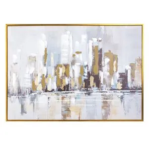 Tablou in Ulei cu Model Abstract Oras cu Cladiri, 100x70cm, Rama Aurie