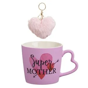 Cana Roz cu Imprimeu Super Mother și Breloc Inima