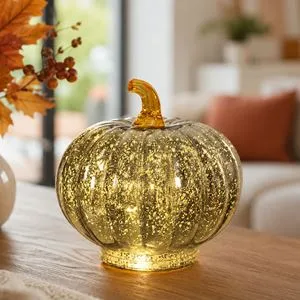Decoratiune dovleac sticlă cu LED aurie pentru toamnă