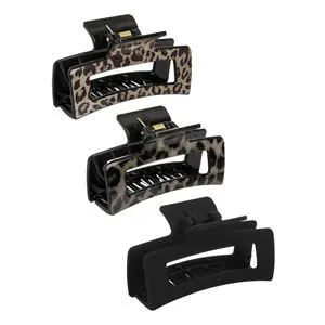 Clame de Păr cu Model Leopard și Negru Mat, Set de 3 Piese