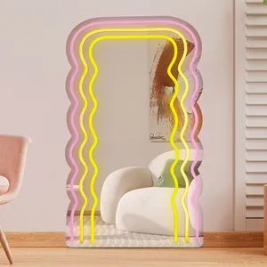 Oglindă dreptunghiulară cu LED neon, model valuros, albă