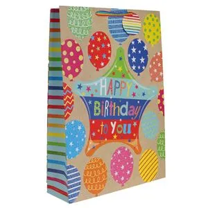 Sacoșă cadou din hârtie bej cu baloane și mesaj Happy Birthday, 33x10x46 cm
