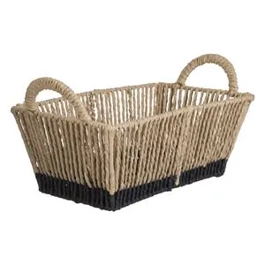 Cos de depozitare din sfoara bej cu baza neagra si manere, 31x18x17,5 cm