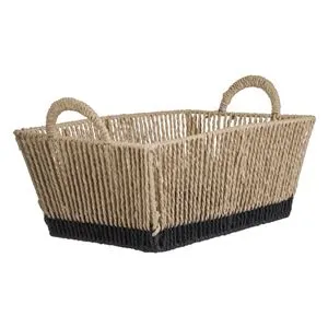 Cos de depozitare din sfoara bej cu baza neagra si manere, 35,5x24x20cm