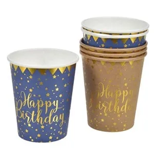 Pahare de petrecere din carton cu stele aurii Happy Birthday 240ml