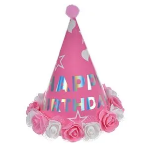 Coif de Petrecere Roz cu Trandafiri Albi și Roz, Irizat Happy Birthday, Pompon, 21 cm