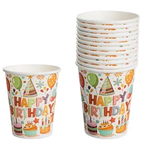 Pahare de petrecere din carton ecru cu mesaj Happy Birthday pentru cadouri