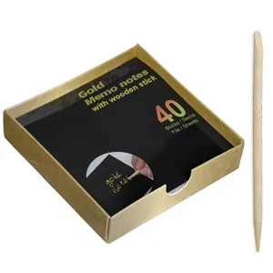 Set Notițe Negre cu Folie Aurie și Stick din Lemn, 9x9 cm, 40 File