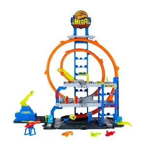 Garaj cu 3 niveluri pentru masinute, cu spalatorie auto, dublu loop si elicopter, include masinuta metalica