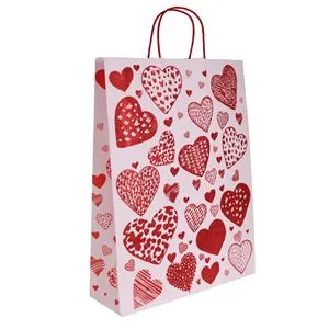 Punga Cadou Roz cu Inimi Rosii și Glitter - Ambalare Decorativă