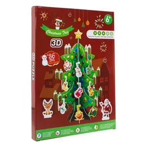 Puzzle 3D Brad de Crăciun cu Ornamente, 36 buc, 20x32cm, Verde