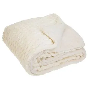 Patura de Iarna cu Doua Fete, Alb Ecru, 160x130cm, Model Popcorn si Sherpa