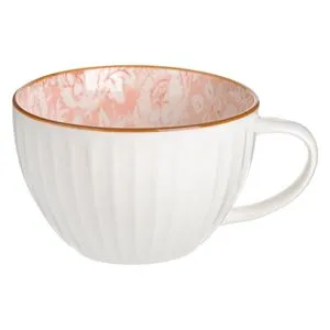 Cană mare ceramică albă cu dungi și interior somon floral, 480ml