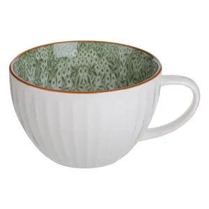 Cană mare ceramică albă cu dungi și interior floral verde, 480ml