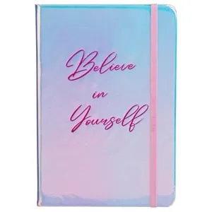 Carnetel A5 argintiu irizat, motiv Believe in Yourself, cu elastic