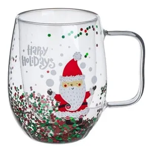 Cana din Sticla cu Perete Dublu de Craciun Confeti Mos Craciun 250ml