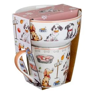 Set Cane și Bol Ceramic Alb cu Model Câțeluși