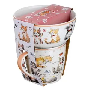 Set Ceramice Alb cu Model Pisici pentru Cafea și Gustare