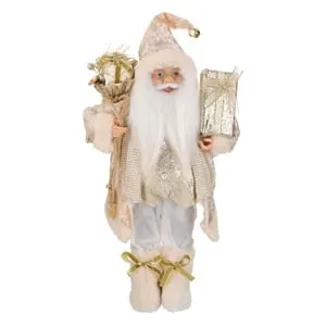 Figurina Mos Craciun în costum sampanie cu cadouri și sac